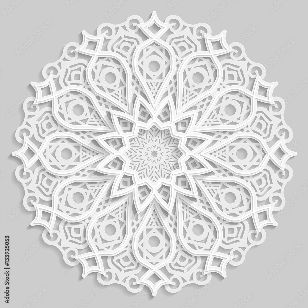 Lace 3D mandala, round symmetrical openwork pattern, lacy doily, decorative snowflake, arabic ornament, indian ornament, embossed pattern, decorative design element, vector Lace 3D mandala, round symmetrical openwork pattern, lacy doily, decorative snowflake, arabic ornament, indian ornament, embossed pattern, decorative design element, vector