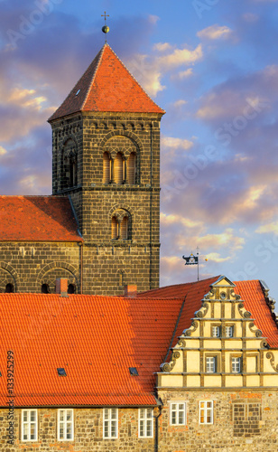 A closeup on a church tower of Quedlinburg Castle complex; Quedl