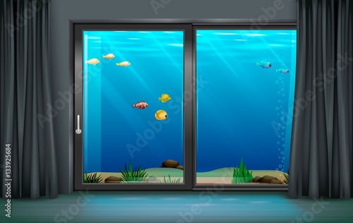 Interior underwater hotel with panoramic window. Vector graphics. Transparent glass