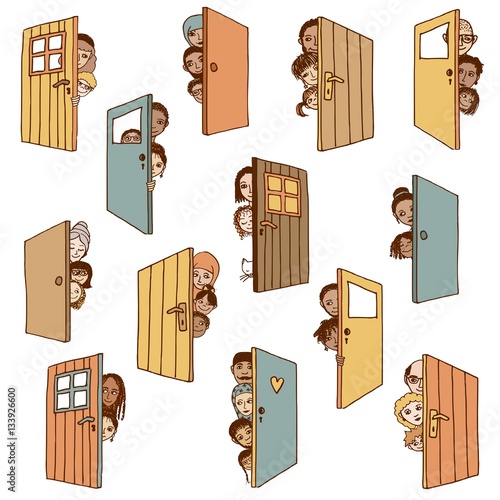 Funny and cute hand drawn illustration of various people and children hiding behind doors, or opening doors to welcome guests
