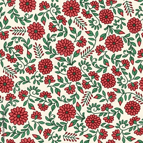 Seamless floral pattern with hand drawn flowers in red and green
