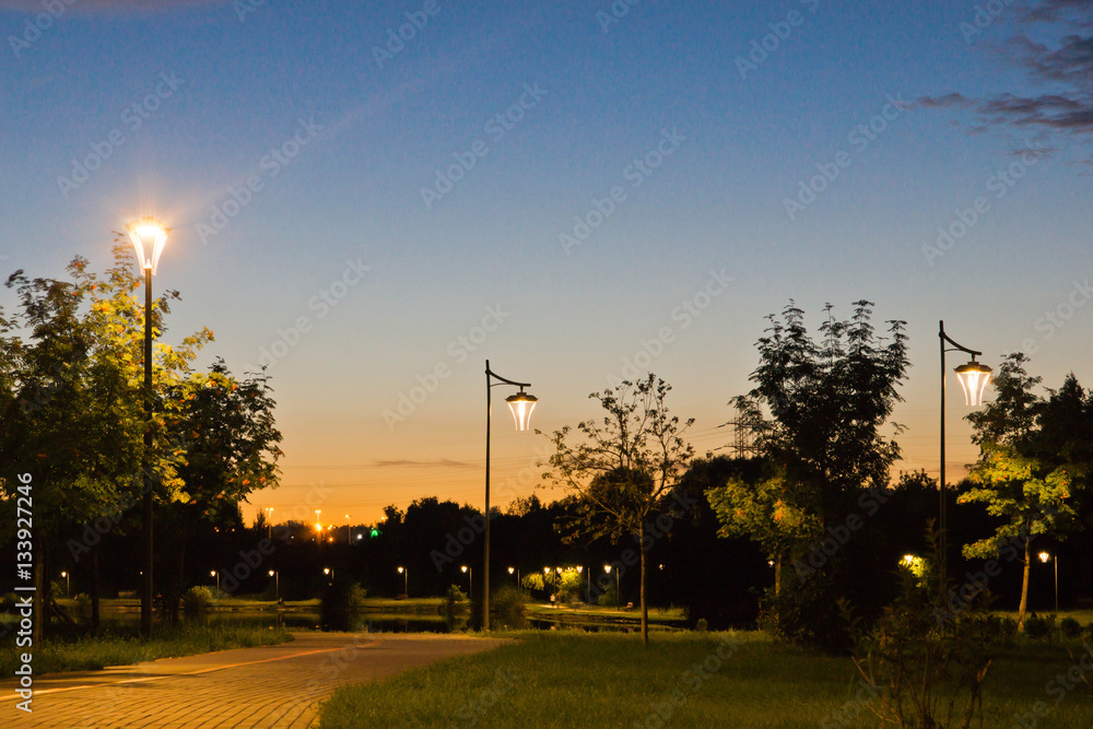 lanterns next to the footpath in park
