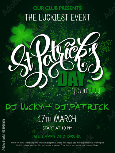 Vector st Patricks day party poster with lettering, clover leaf and branches