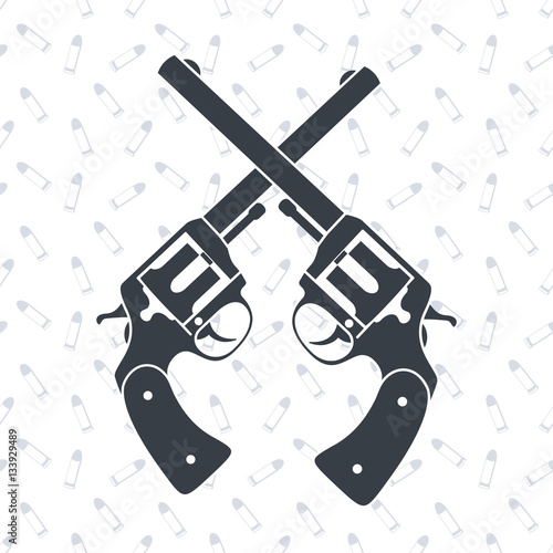 crossed retro revolvers on background with pattern with handgun cartridges