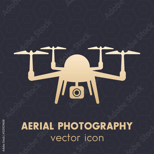 Drone icon, aerial photography logo, quadrocopter with camera