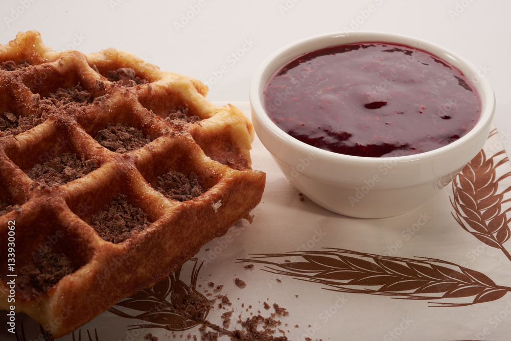 Belgian waffles and jam isolated
