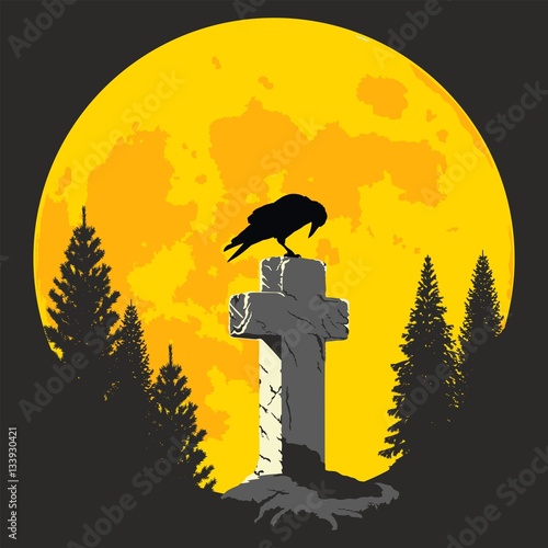 Crow on a cross in the moonlight