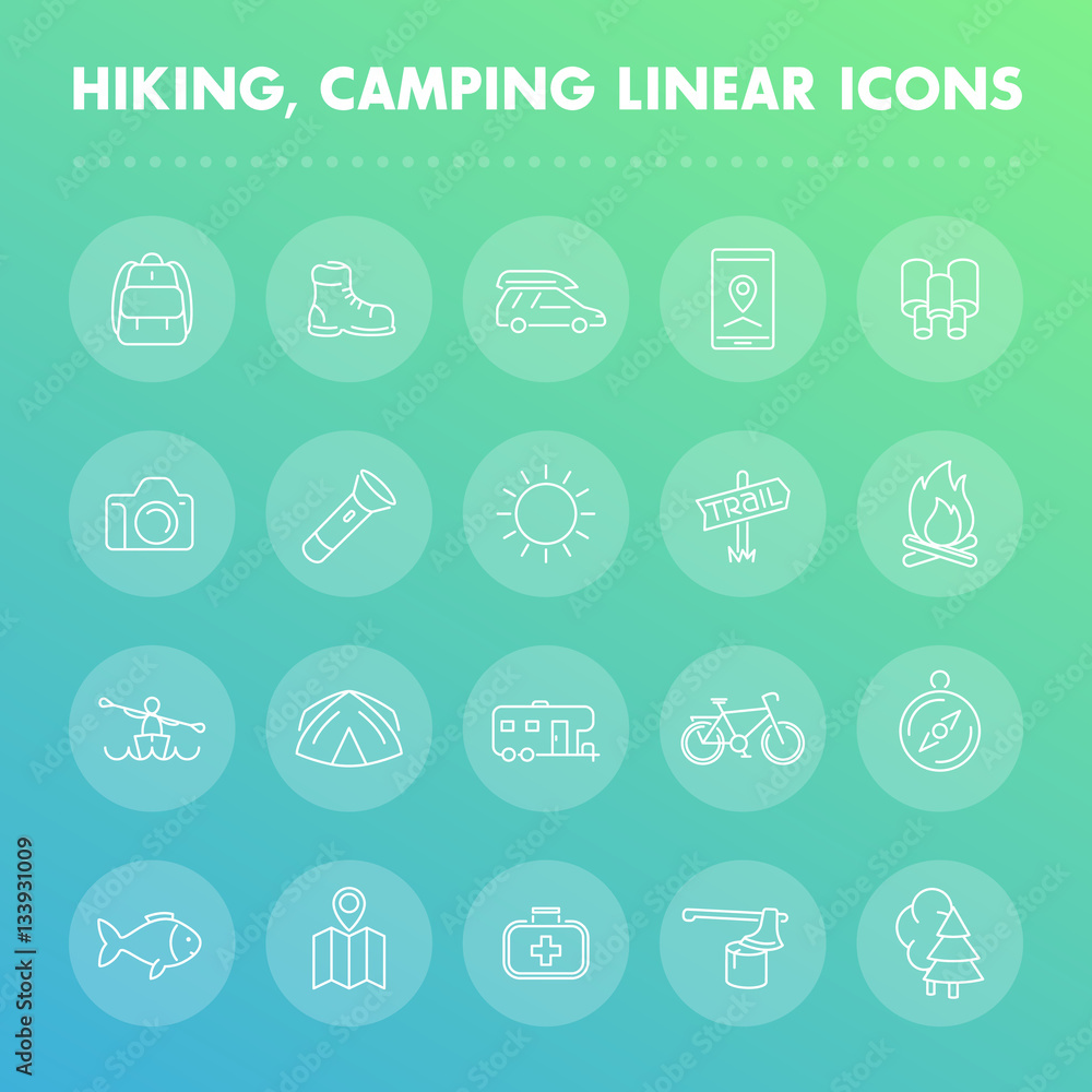 Hiking, camping, outdoor line icons set, backpack, flashlight, tent, map, trail, kayak, forest, fishing, journey, camper, vector illustration Hiking, camping, outdoor line icons set, backpack, flashlight, tent, map, trail, kayak, forest, fishing, journey, camper, vector illustration