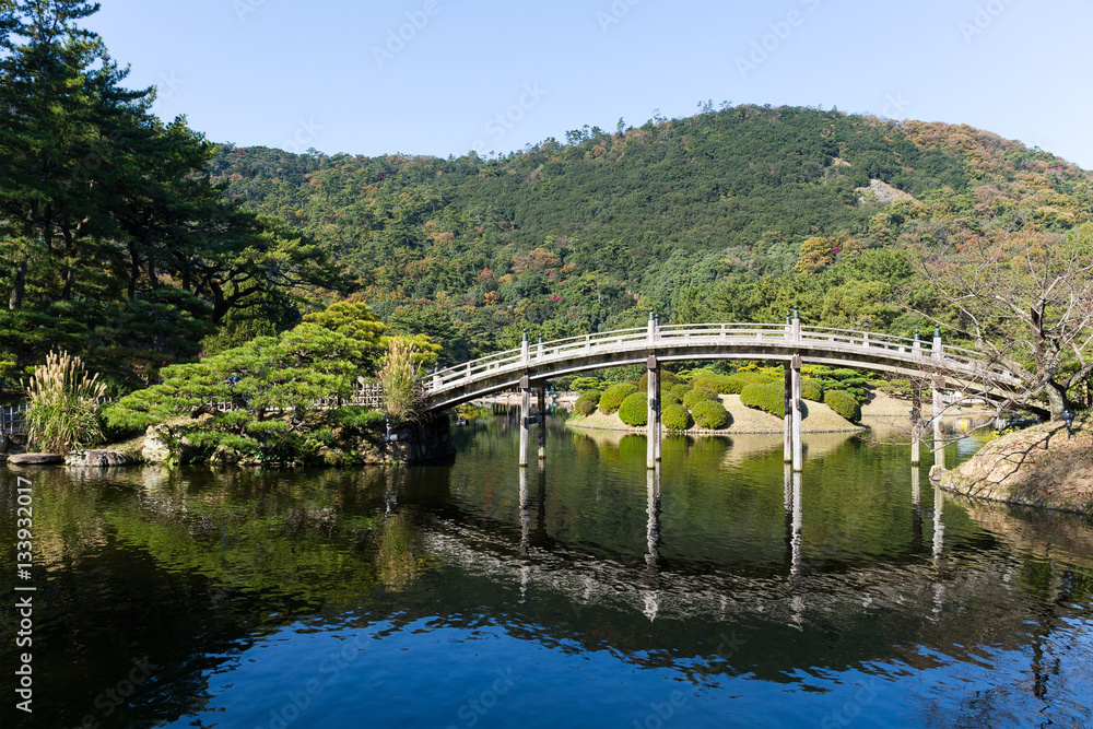 Traditional Ritsurin Garden and wooden bridge