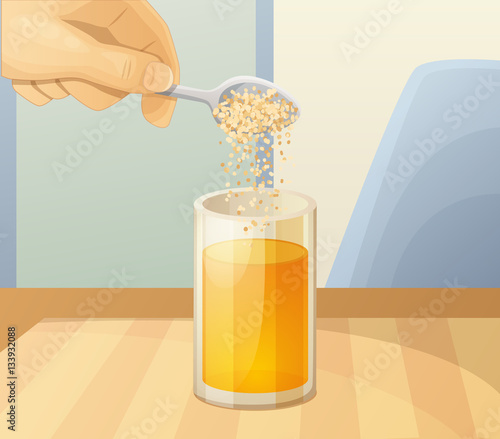 Orange juice glass and spoon with powder. Cartoon vector illustration
