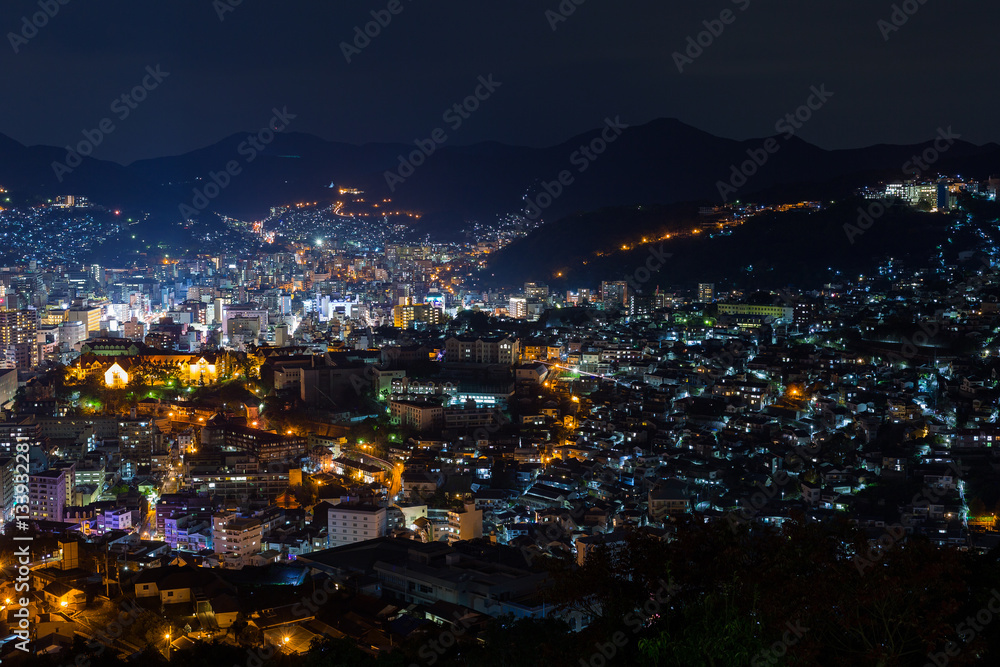 Nagasaki city of Japan at night