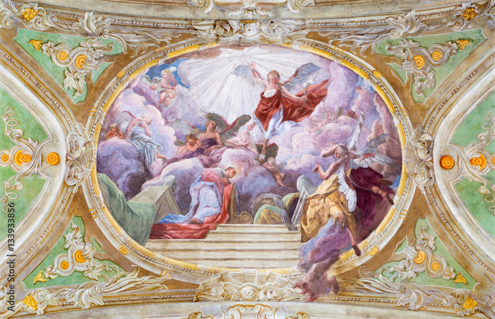 VIENNA, AUSTRIA - DECEMBER 19, 2016: The ceiling fresco of The Annunciation in church Mariahilfer Kirche by Johann Hauzinger and Franz Xaver Strattmann in 1759–1760.