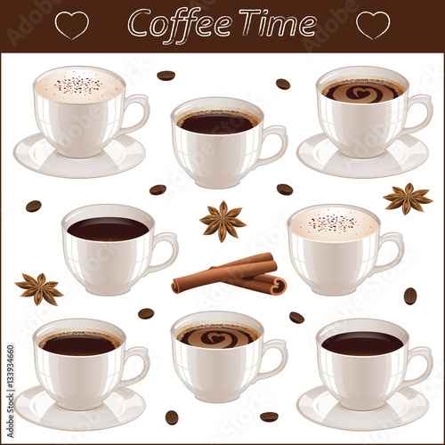 Coffee set with different coffee cups  coffee beans  stars anise and sticks of cinnamon isolated on white background. Vector illustration.