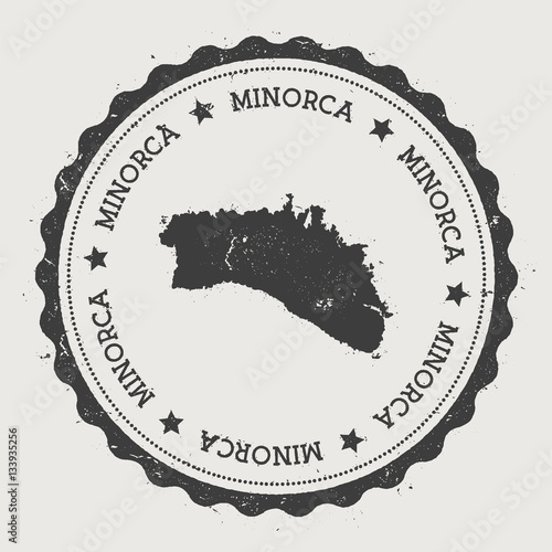 Hipster round rubber stamp featuring a map of Minorca, with circular text and stars, designed in a vintage style.