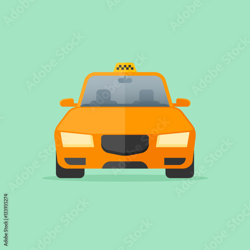 Yellow taxi cab isolated on green background. Front view. Car vector illustration. Flat style icon.