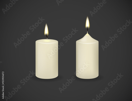 Candles flames fire light isolated. Realistic paraffin candle.