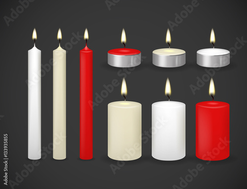 Candles flame realistic set isolated on dark background vector 3