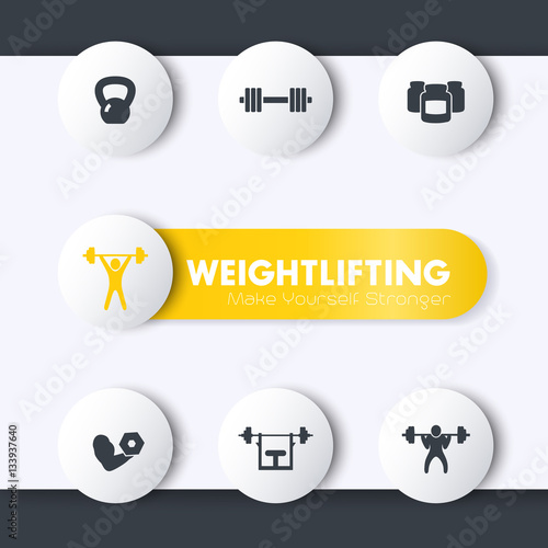 Weightlifting training icons set, round pictograms