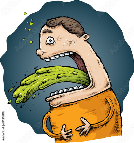 A sick, cartoon man vomits a huge stream of green puke.