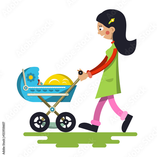 Young Mother with Baby on Pram. Vector Lady Cartoon Isolated on White Background.