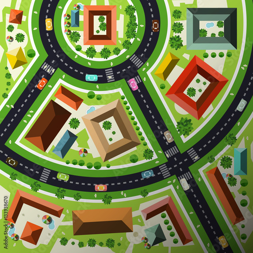 Aerial Top View Flat Design Vector Abstract Green City Map with Streets, Houses, Cars and People