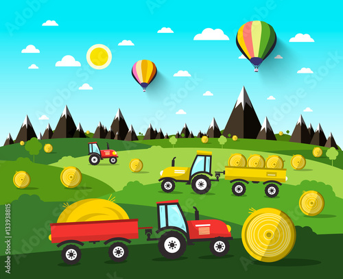 Harvesting Vector Landscape with Hay Balls and Tractors. Nature Scene with Hot Air Balloons and Green Field.