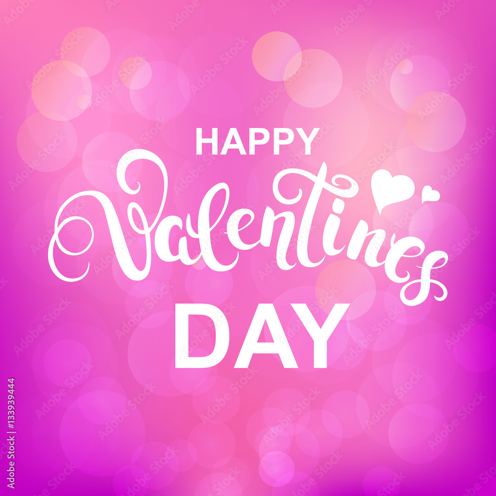 Happy Valentines day callygraphy on pink background. Text for greeting card with white font. Vector Illustration.