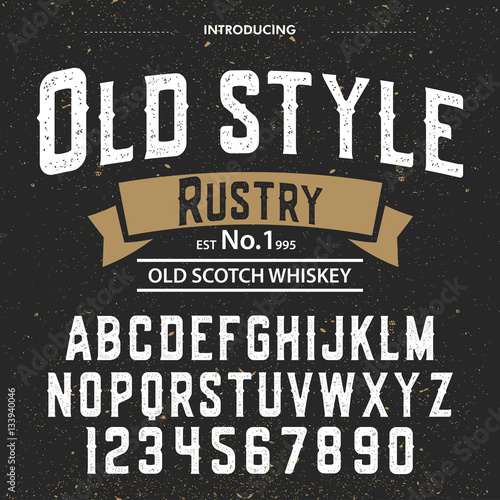 Typeface. Label. Old Style Rustry typeface, labels and different type designs