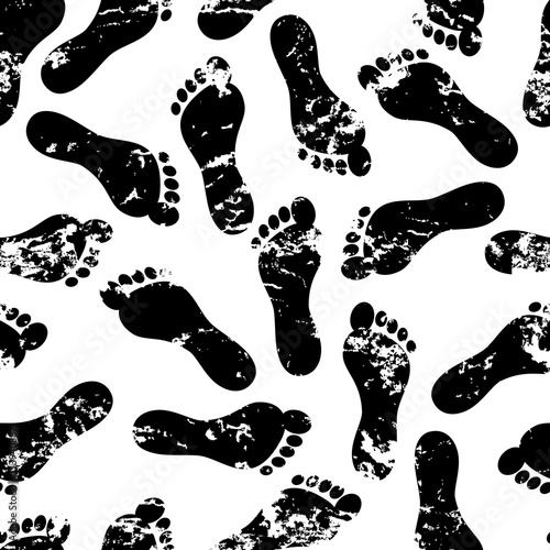 Vector seamless pattern with human footprint and grunge removable texture. Abstract black and white background with prints of foot.