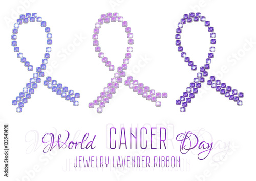 Set of lavender ribbon from precious stones in several different versions and tints of lilac isolated on white. World Cancer Day. Vector illustration