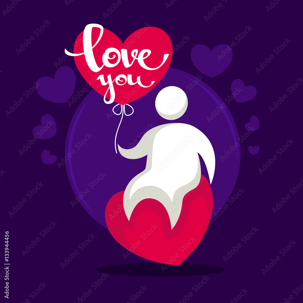 love you, funny man sitting on heart, holding a balloon, happy v love you, funny man sitting on heart, holding a balloon, happy v