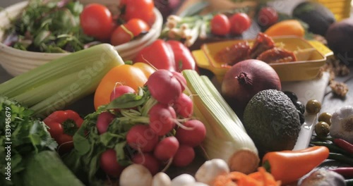 Dolly push in view of fresh, healthy, organic ingredients for salad