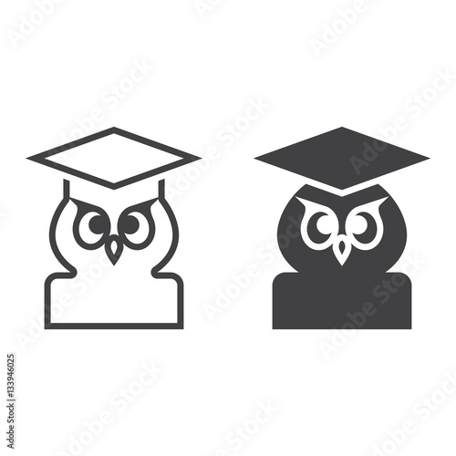 School and education symbol. Owl in graduation hat line icon, outline and filled vector sign, linear and full pictogram isolated on white. Symbol,  logo illustration