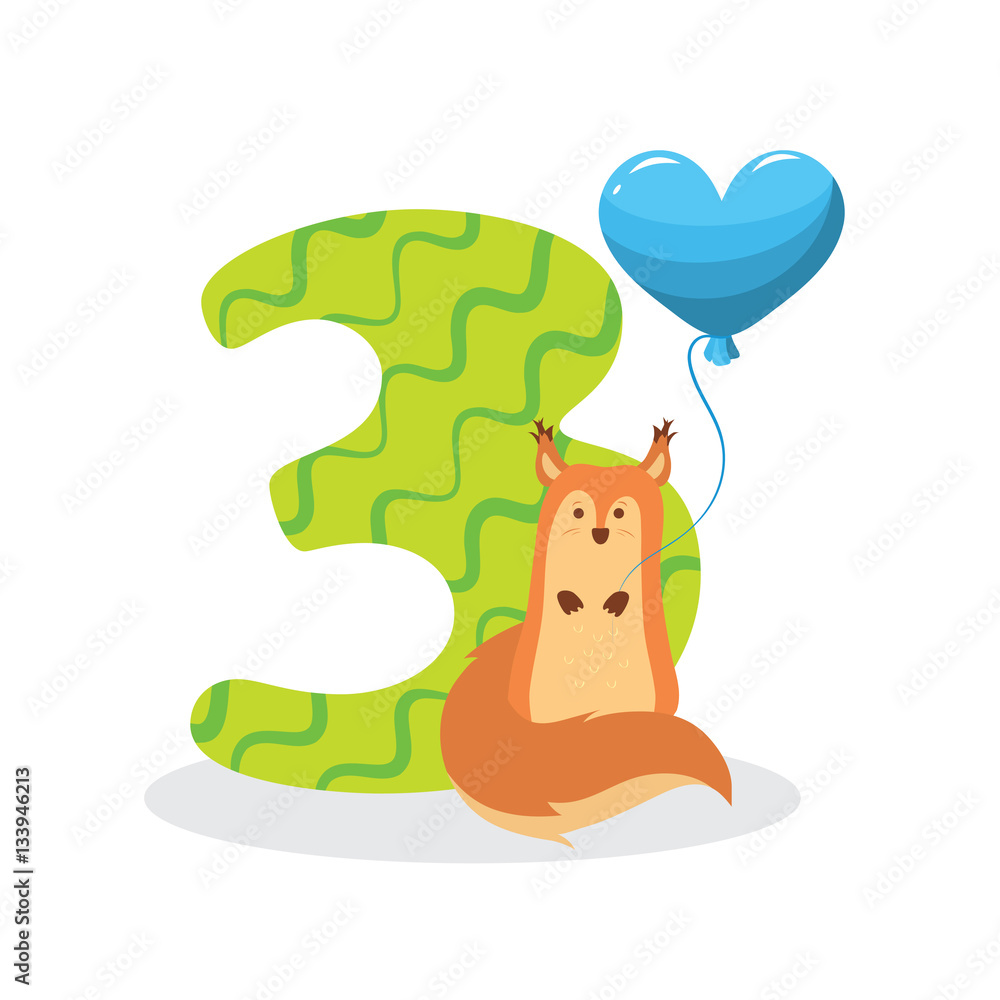 Fototapeta premium Figures for birthday isolated on white background, squirrel, three. Vector.