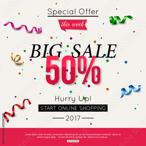 Hurry up sale banner with bright colorful ribbons. Specialoffer this week.