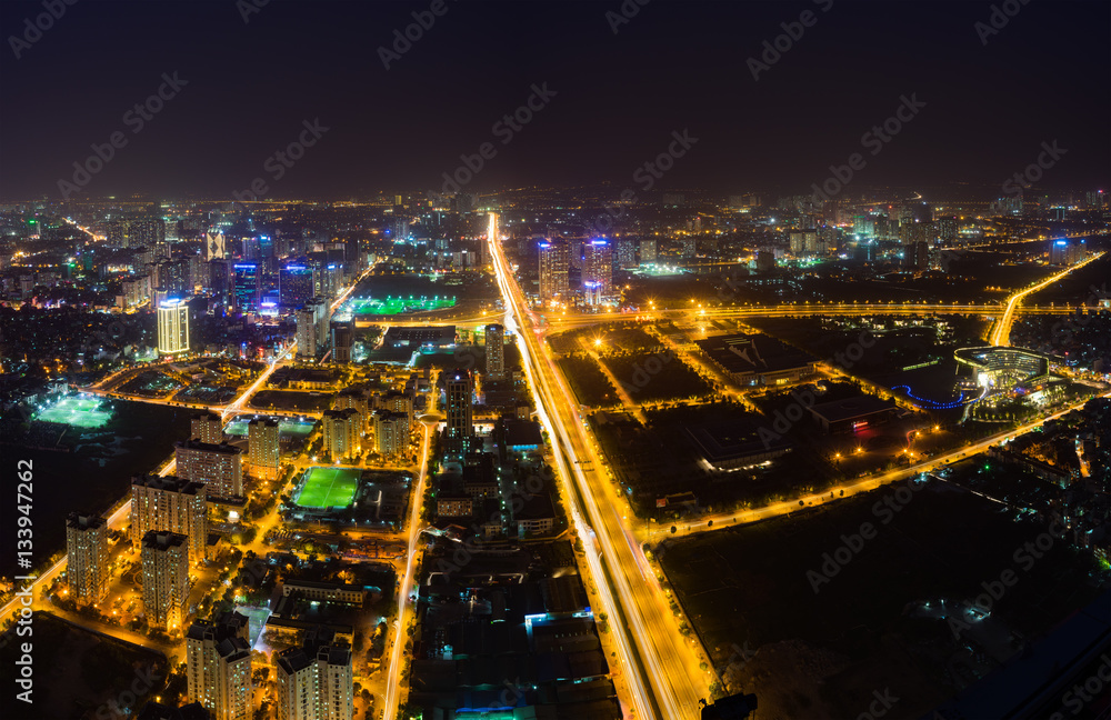 Aerial skyline view of Hanoi cityscape at twilight. Pham Hung street, Tu Liem district, Hanoi, Vietnam