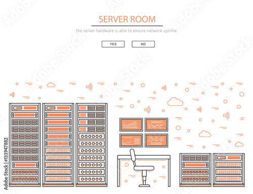 Vector high tech internet data center. Network equipment that is used to organize the server room
