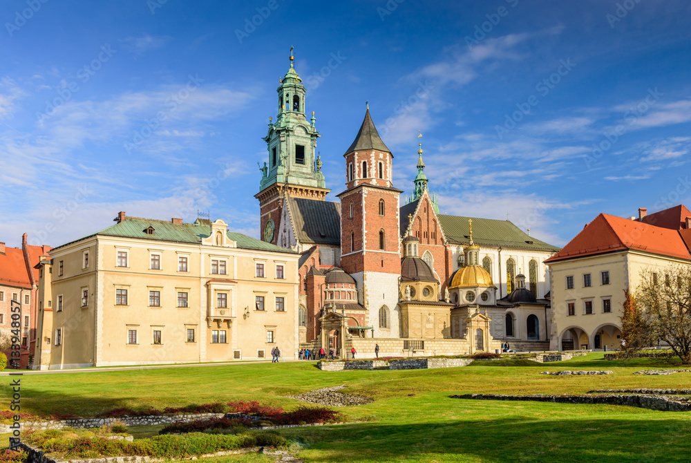 Cathedral of St. Stanislaw and St. Vaclav and royal castle on the Wawel Hill in the sunny day, Krakow, Poland. Cathedral of St. Stanislaw and St. Vaclav and royal castle on the Wawel Hill in the sunny day, Krakow, Poland.