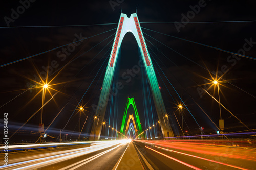 Long exposure Nhat Tan cable stayed bridge at night. The bridge crossing Red River. © Hanoi Photography