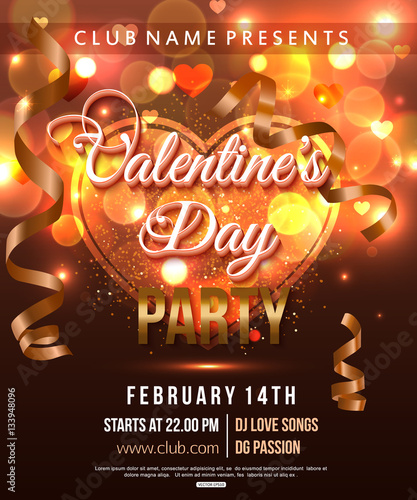 Valentines Day Party Flyer with shiny heart and gold ribbon. Vector illustration
