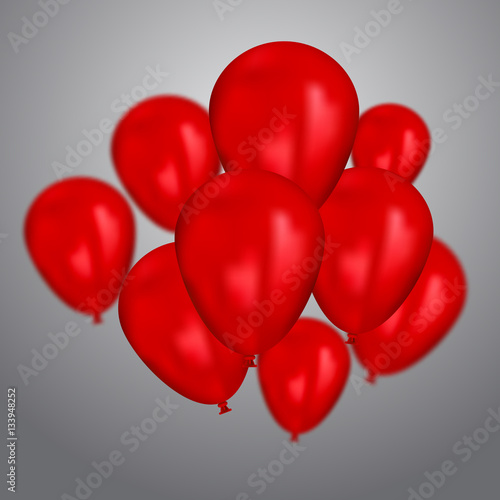 Realistic red birthday balloons flying for party or celebrations. Space for message. Isolated on light background.
