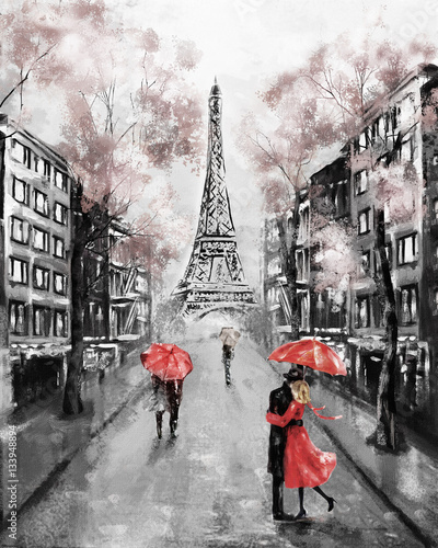 Oil Painting, Paris. european city landscape. France, Wallpaper, eiffel tower. Modern art. Couple under an umbrella on street