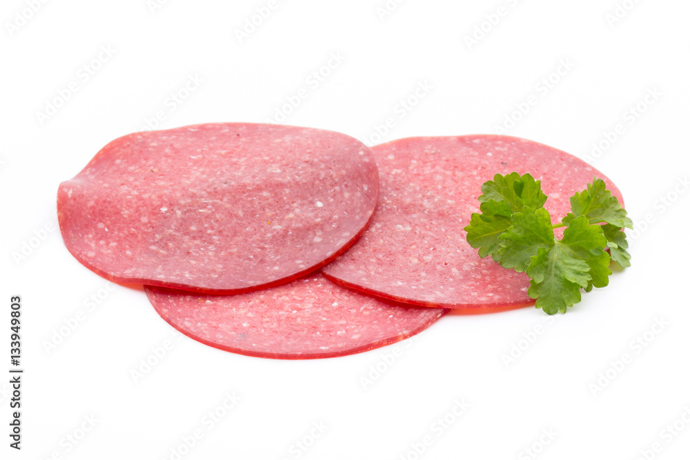 Salami smoked sausage one slice isolated on white background cut Salami smoked sausage one slice isolated on white background cut