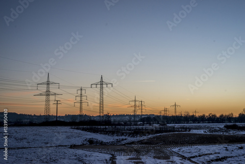 Winter electric power lines steel tower landscape Snow white sunset sunrise dawn 6