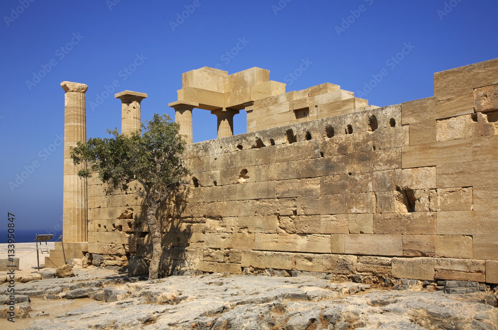 Acropolis in Lindos. Doric temple of Athena Lindia. Rhodes island. Greece