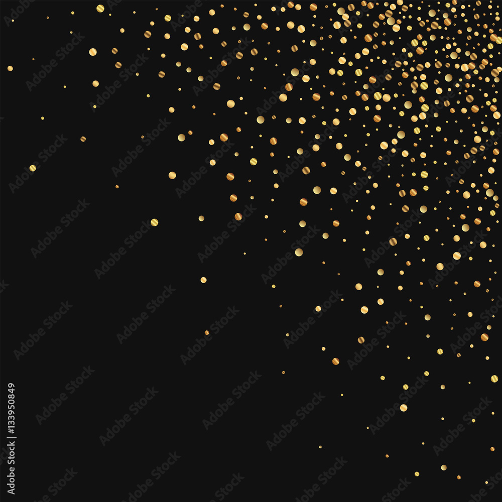 Gold confetti. Scattered top right corner on black background. Vector illustration. Gold confetti. Scattered top right corner on black background. Vector illustration.