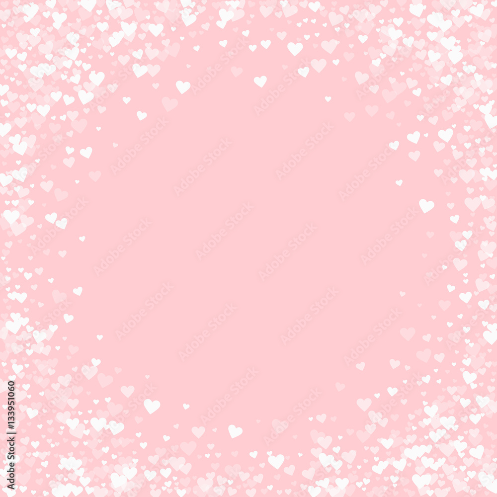 White hearts confetti. Bordered frame on pale_pink valentine background. Vector illustration.