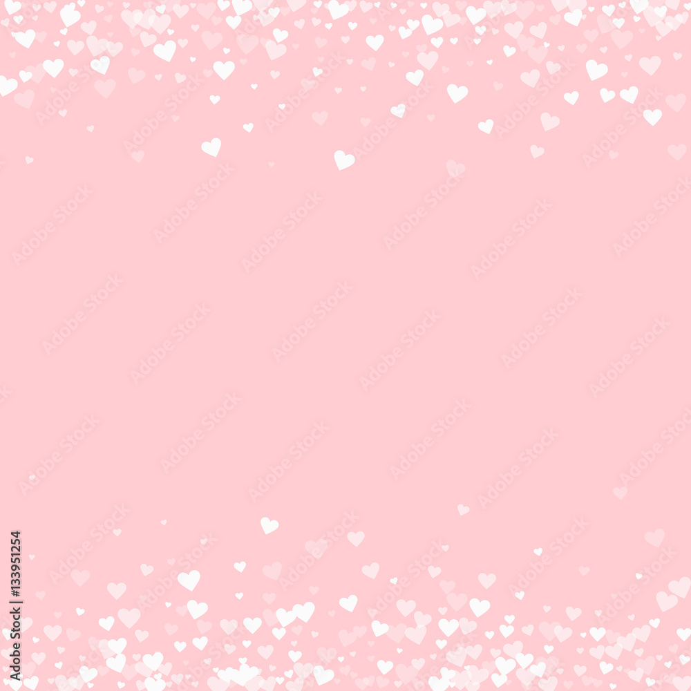 White hearts confetti. Borders on pale_pink valentine background. Vector illustration.