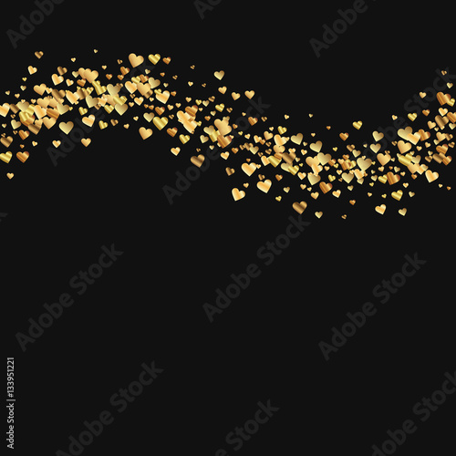 Gold gradient hearts confetti. Top wave on black valentine background. Vector illustration.