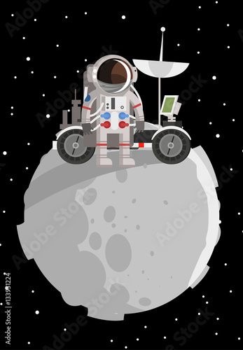 astronaut standing on landrover car on moon rounded surface